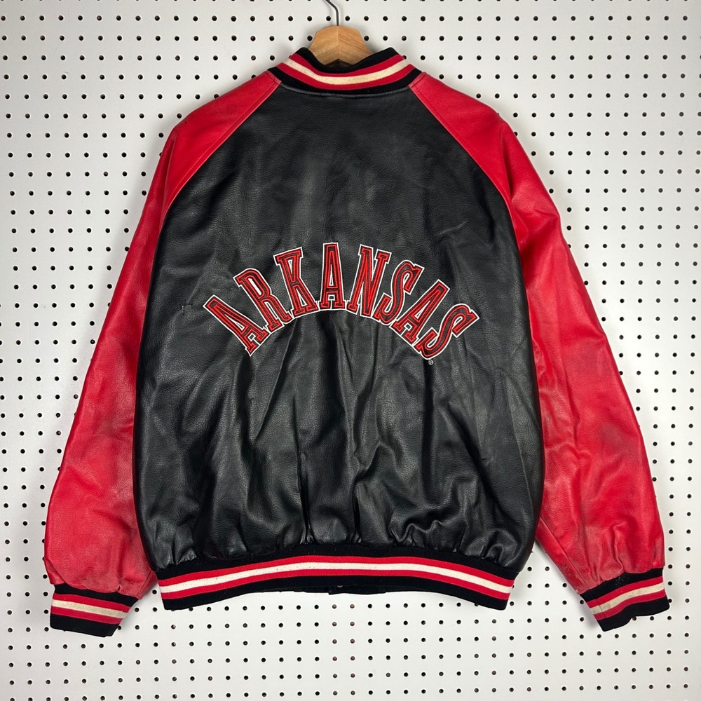 Arkansas Razorbacks Essex Varsity Jacket Large 90s Black Red Leather Wool Worn